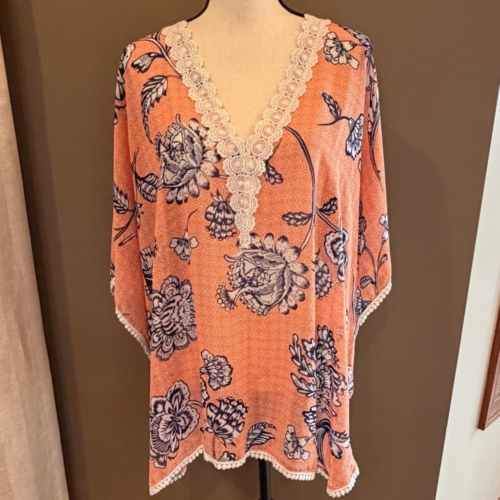 Francesca's Orange & Blue Floral Coverup Top Summer Flowy, Sheer, One Size